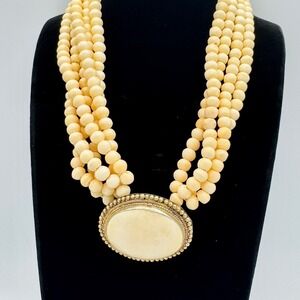 Vintage Multi Strand Beaded Collar Necklace Milky Cream Oval‎ Cabochon Pendant
